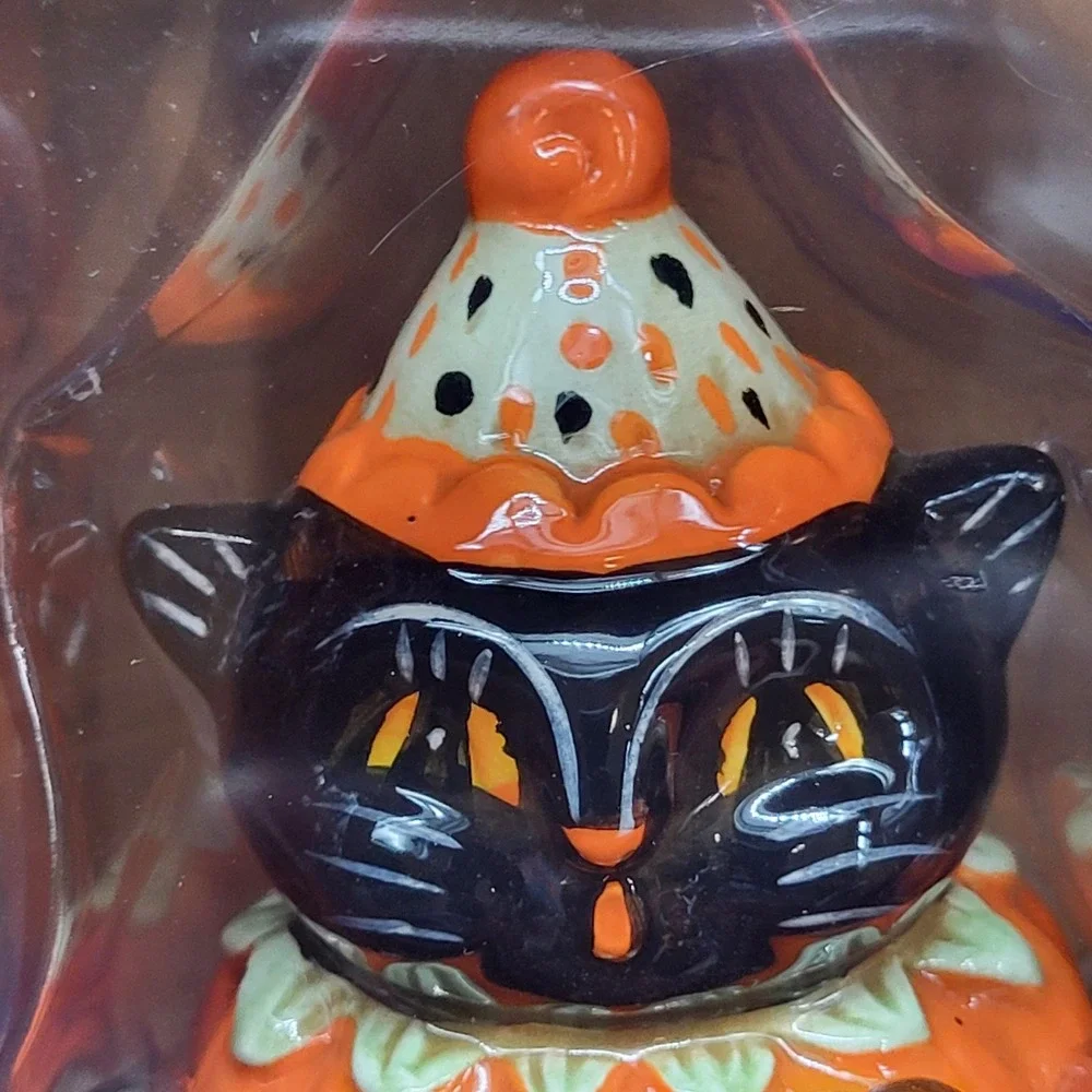Johanna Parker Transpac Black Cat Pumpkin Salt Pepper Shakers Halloween NEW